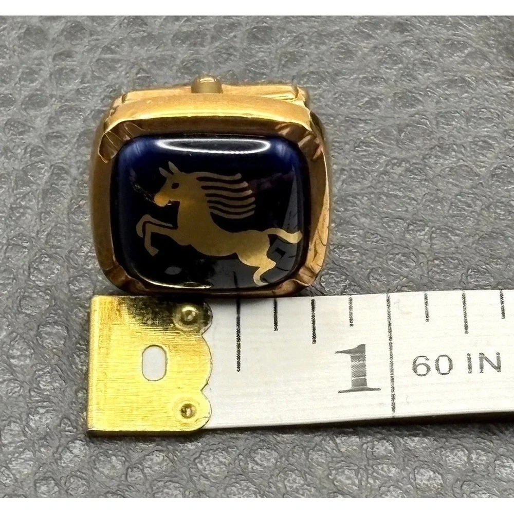 Vintage Made In Japan Gold Tone Cufflinks Navy Blue Enamel Equestrian Horse